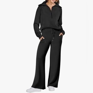 NWT ANRABESS 2 Piece Black Wide Leg Pant Sweatsuit in Size Medium